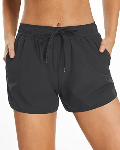 Athletic Women's Swim Shorts Pockets Drawstring Swim Bottom Trunks-Grey