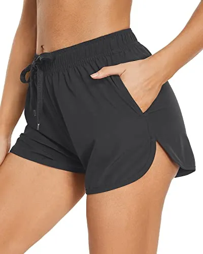 Athletic Women's Swim Shorts Pockets Drawstring Swim Bottom Trunks-Grey