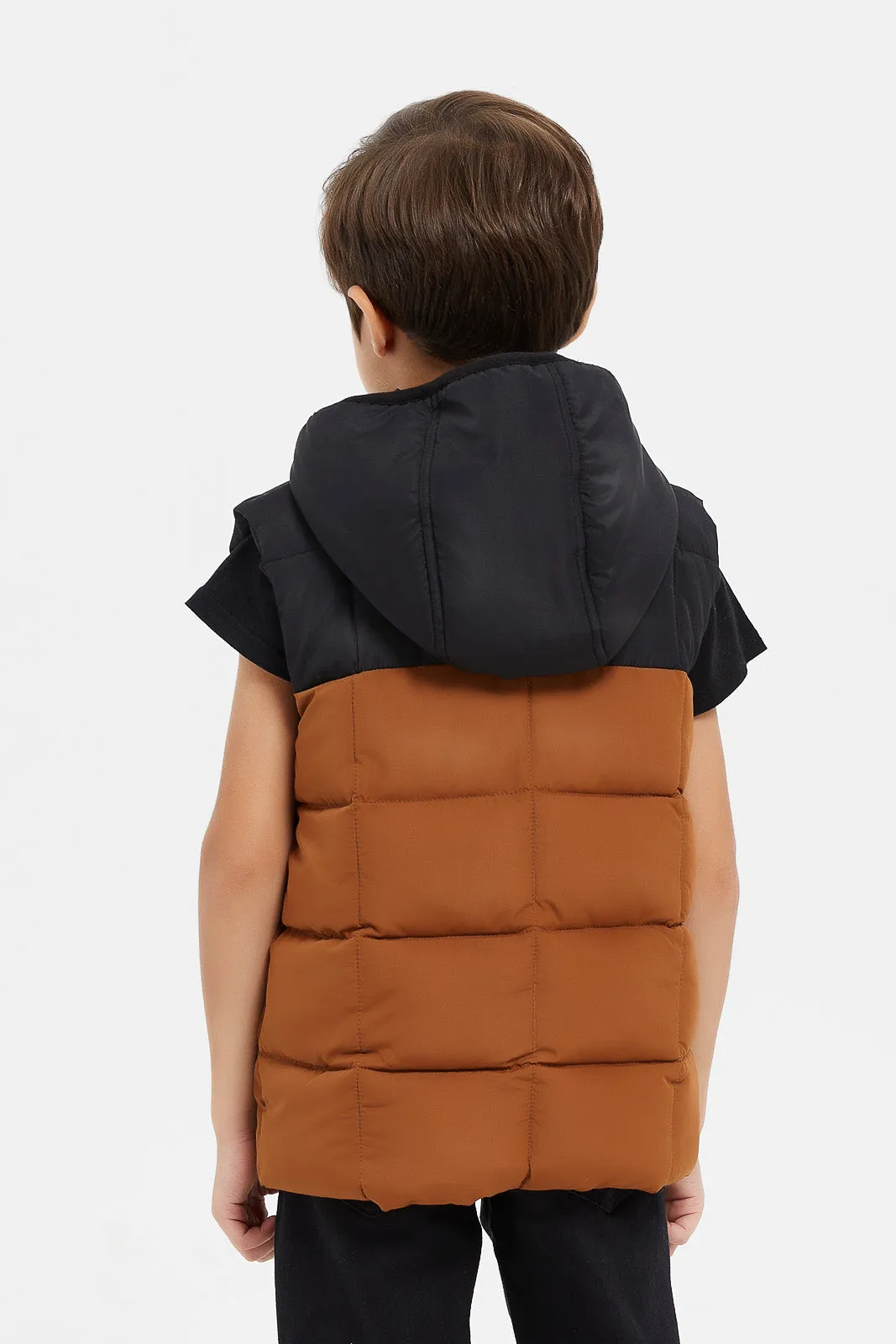 Boys Black And Brown Paneled Vest Jacket