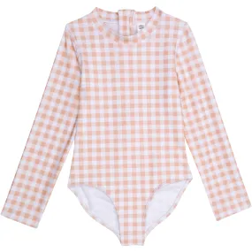 Girls Long Sleeve Surf Suit (One Piece Bodysuit) | "Pink Gingham"