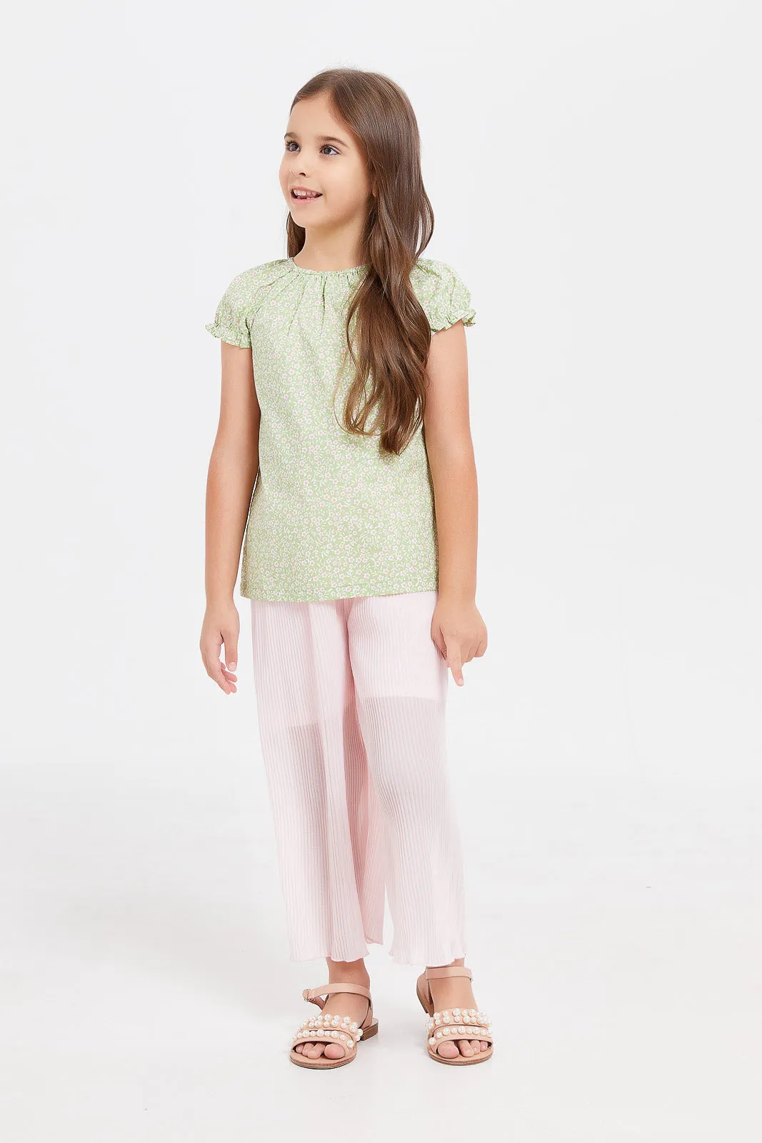 Girls Pink Pleated Wide Leg Trouser