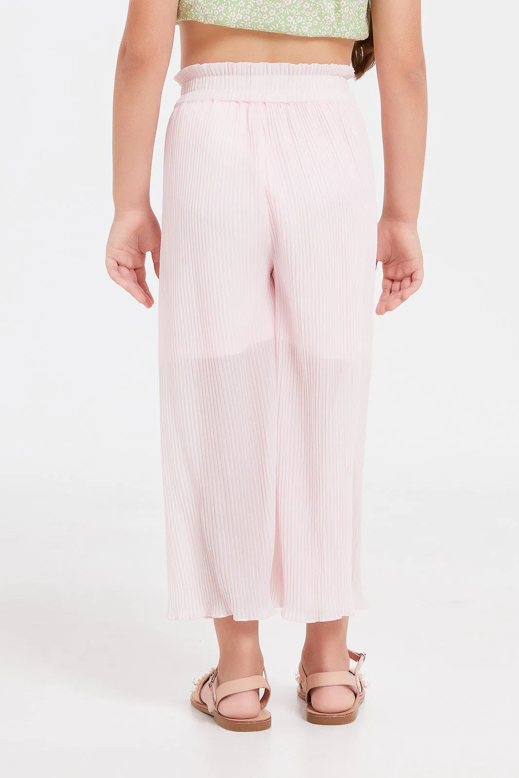 Girls Pink Pleated Wide Leg Trouser