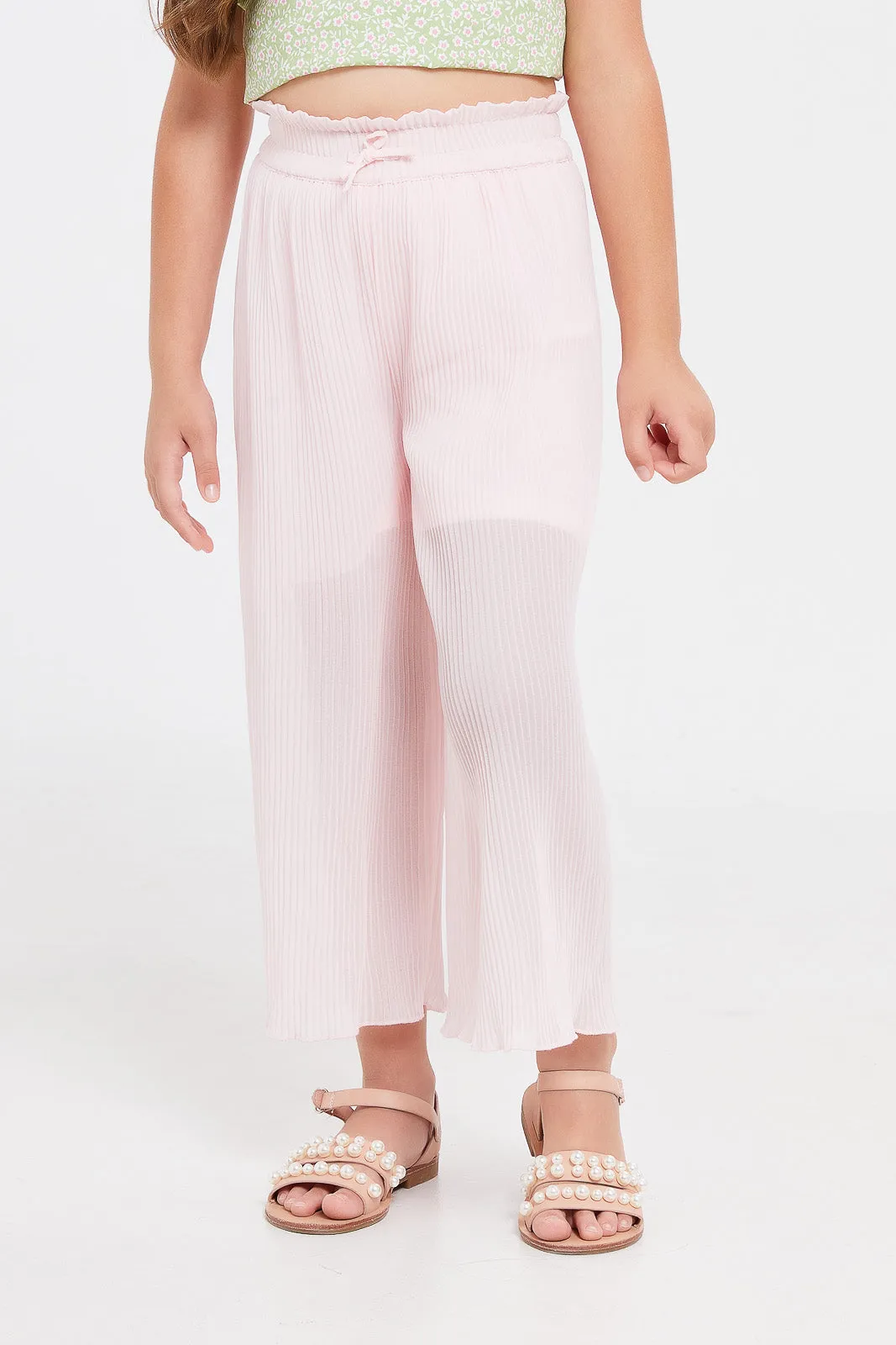 Girls Pink Pleated Wide Leg Trouser