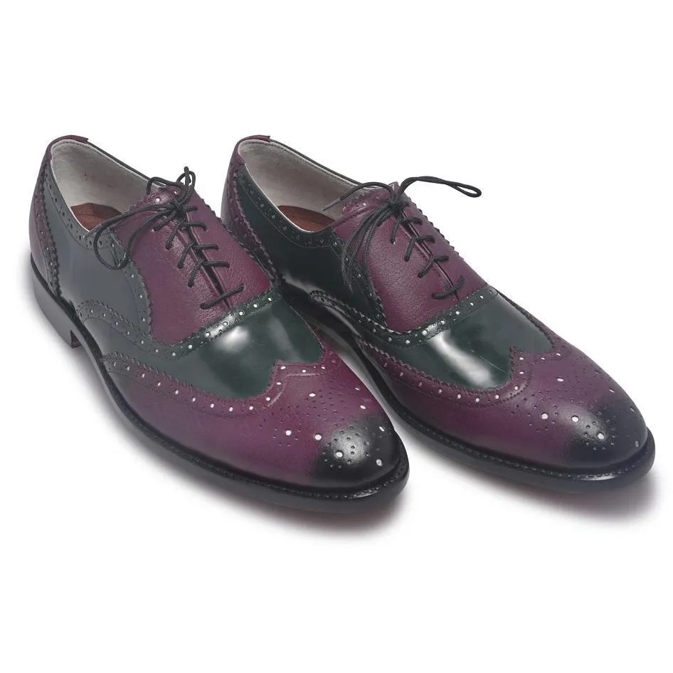 Men Oxford Two Tone Brogue Wingtip Purple Black Leather Shoe