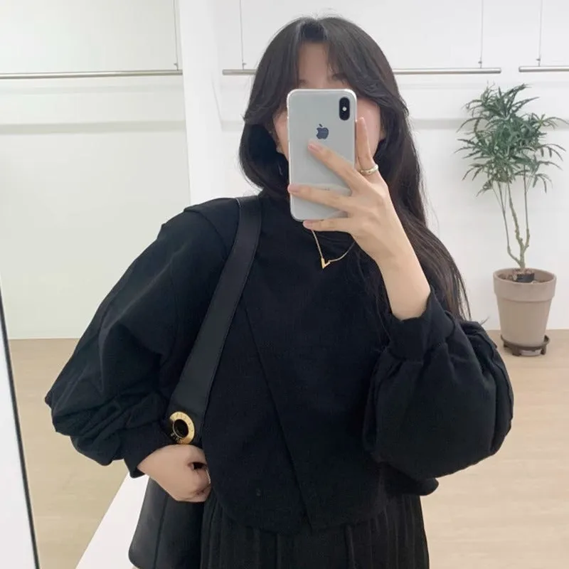 METAVERSMALL Korean chic autumn niche design sense pullover round neck irregular split fork loose versatile long-sleeved short sweater