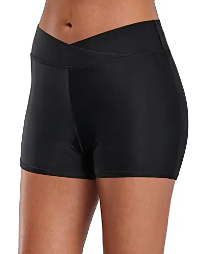 Mid Waist Womens Tankini Bottoms Swim Shorts-Black