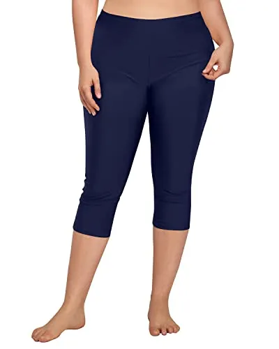 Plus Size High Waisted Swim Shorts Tummy Control Plus Size Long Swim Capris-Navy Blue