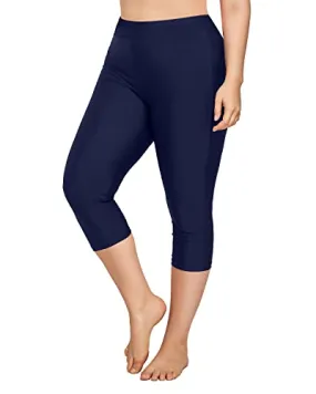 Plus Size High Waisted Swim Shorts Tummy Control Plus Size Long Swim Capris-Navy Blue