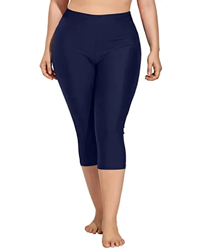 Plus Size High Waisted Swim Shorts Tummy Control Plus Size Long Swim Capris-Navy Blue