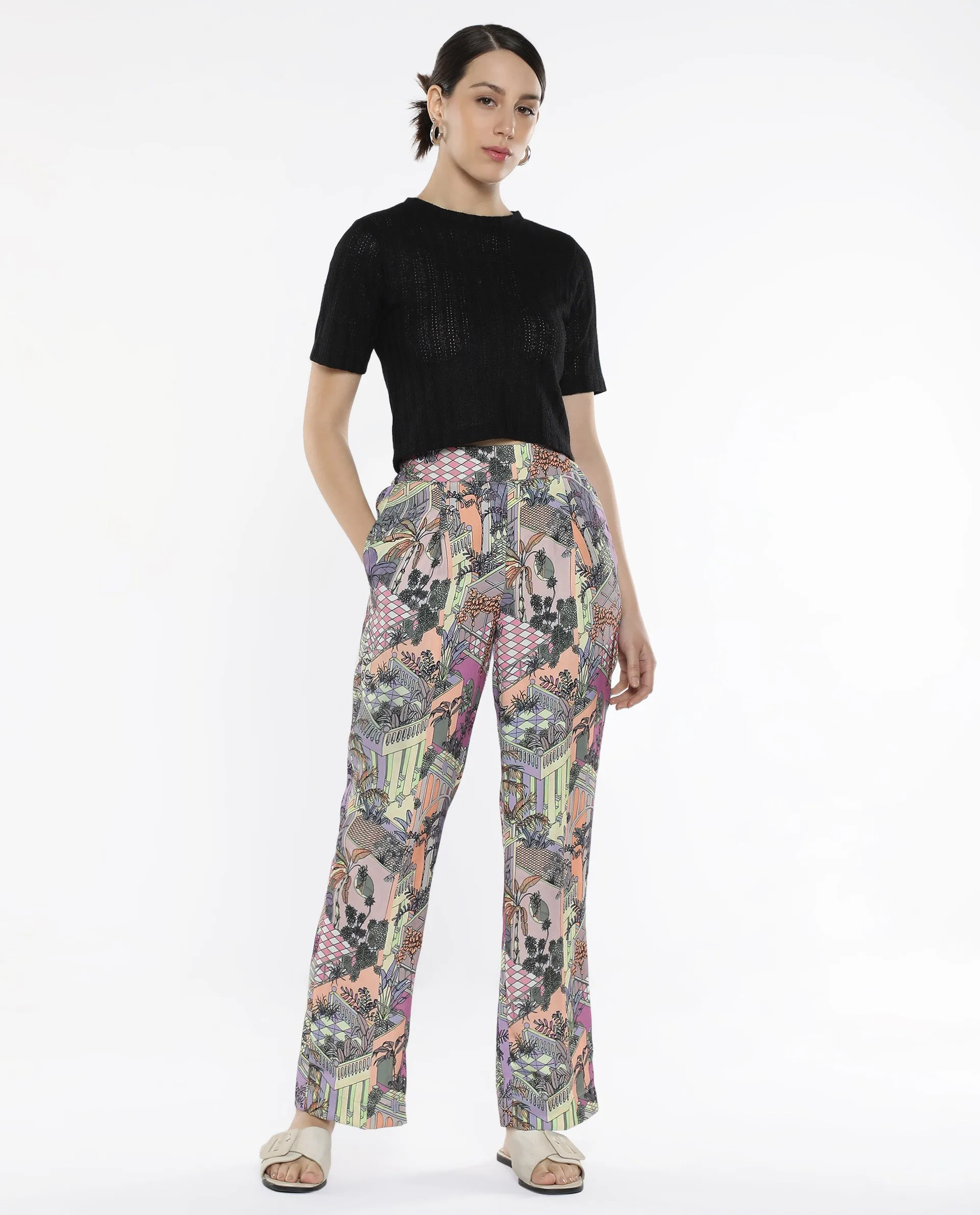 Rareism Women Stevie-B Light Multi Loop Straight Fit Abstract Print Ankle Length Trouser