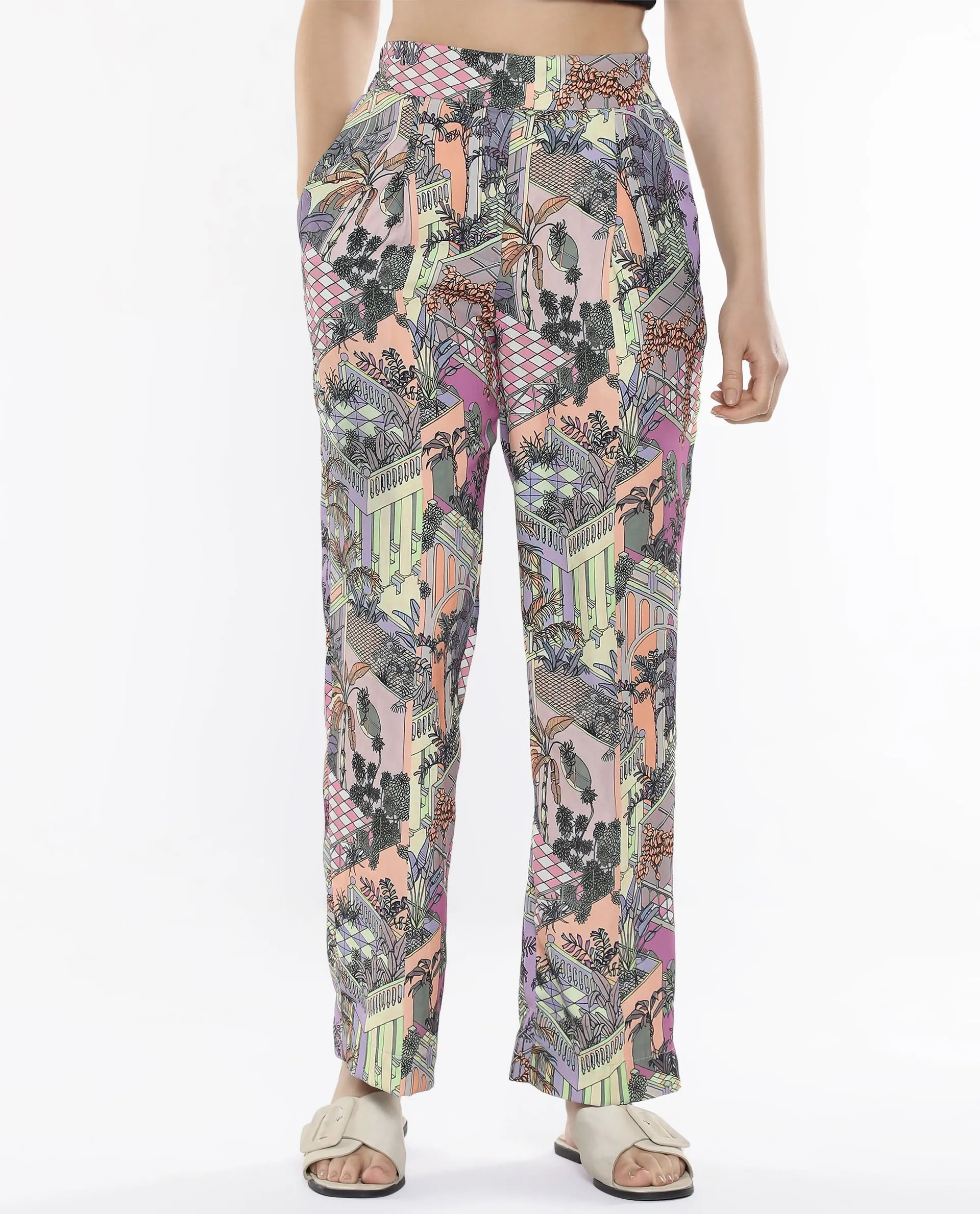 Rareism Women Stevie-B Light Multi Loop Straight Fit Abstract Print Ankle Length Trouser