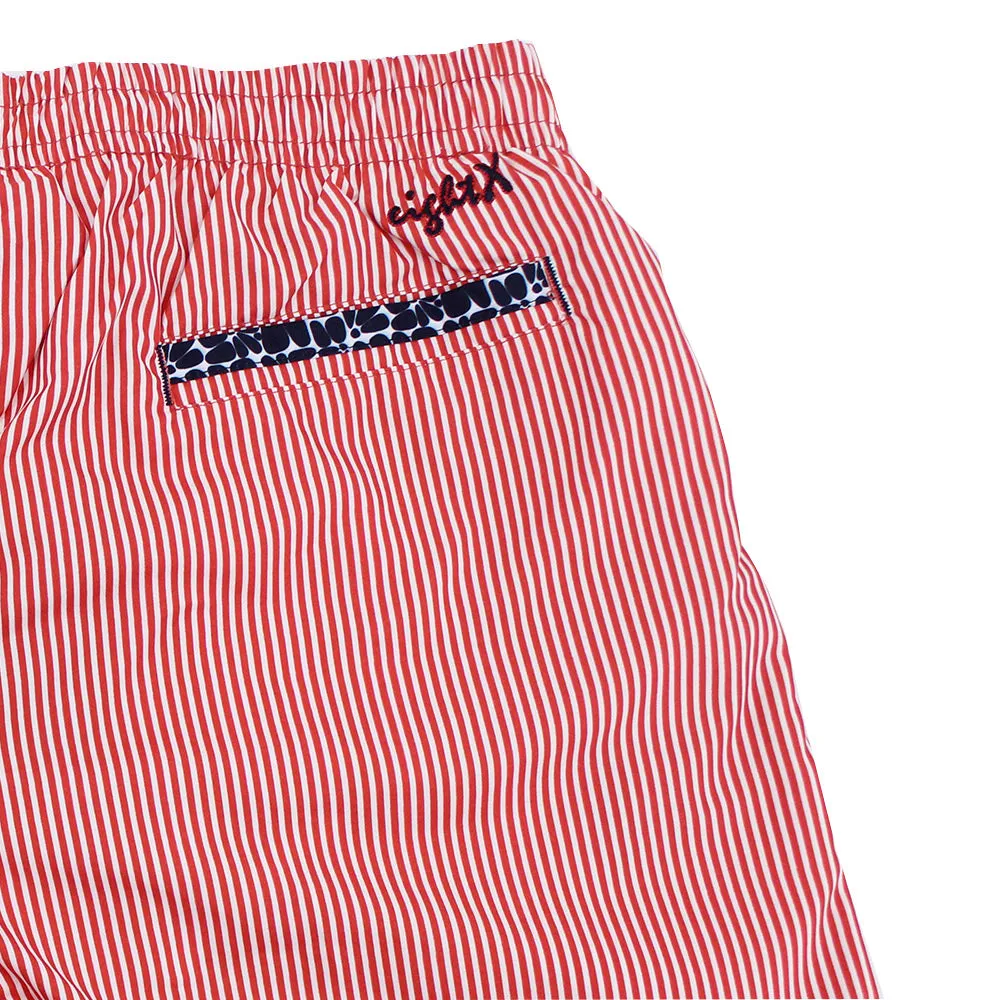 Red Stripe Print Swim Trunks