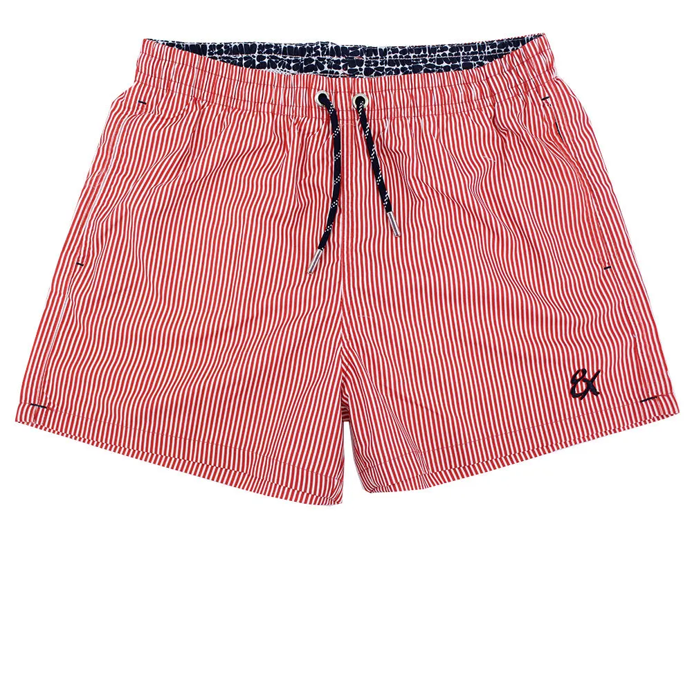 Red Stripe Print Swim Trunks