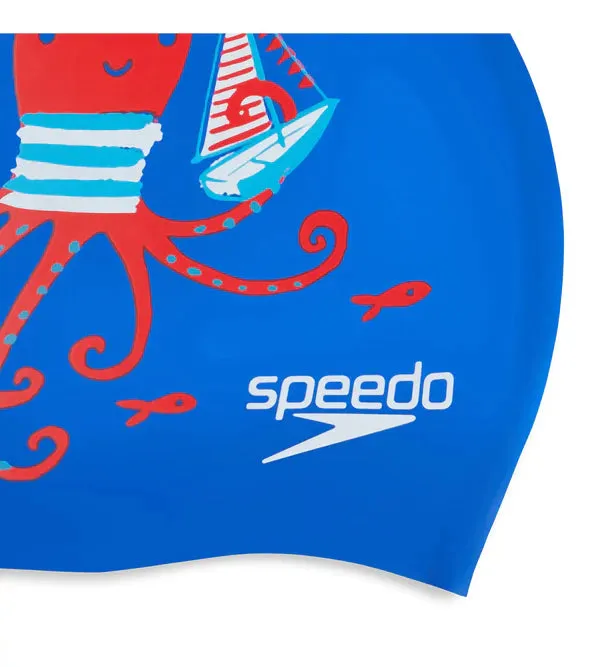 Speedo Unisex Junior Slogan Print Swim Caps (Blue/Red)