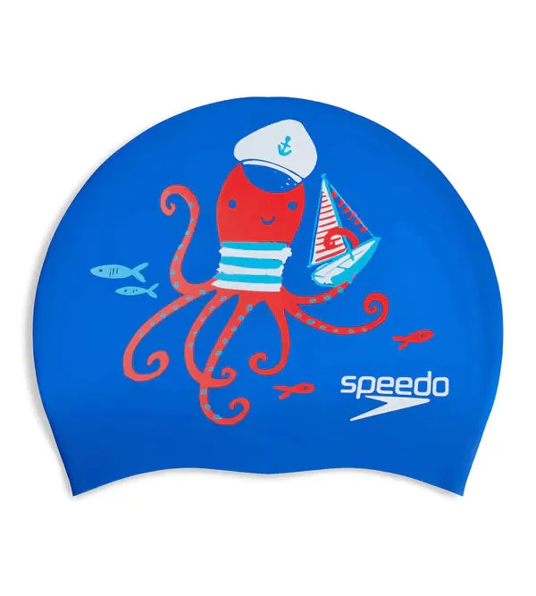 Speedo Unisex Junior Slogan Print Swim Caps (Blue/Red)