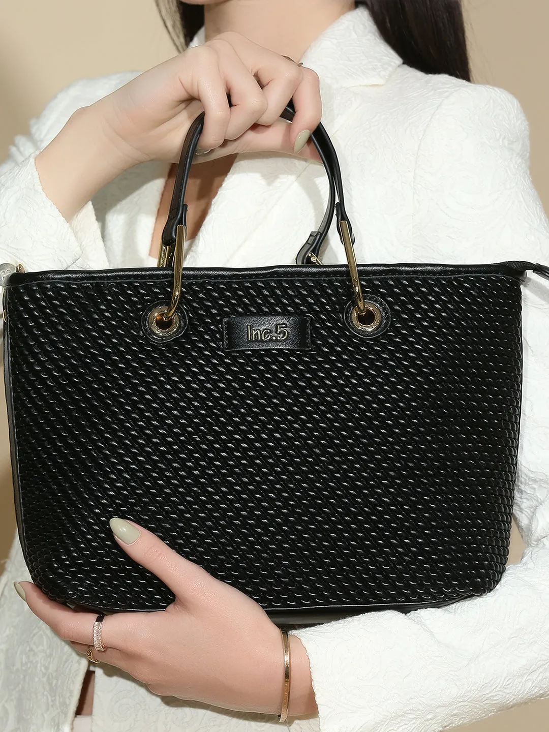 Women Black Quilted Structured Shoulder Bag