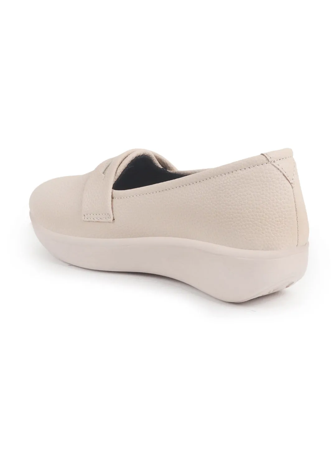 Women Cream Textured Slip On Casual Shoes Flatform Heel Height Enhancer|All Day Comfort|Daily Wear Shoes