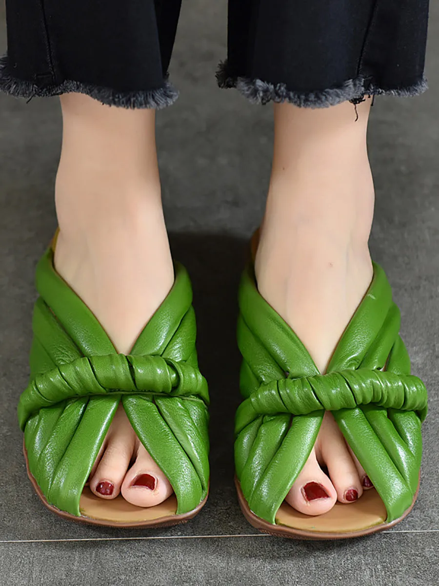 Women Summer Solid Leahter Weave Flat Slippers UI1022