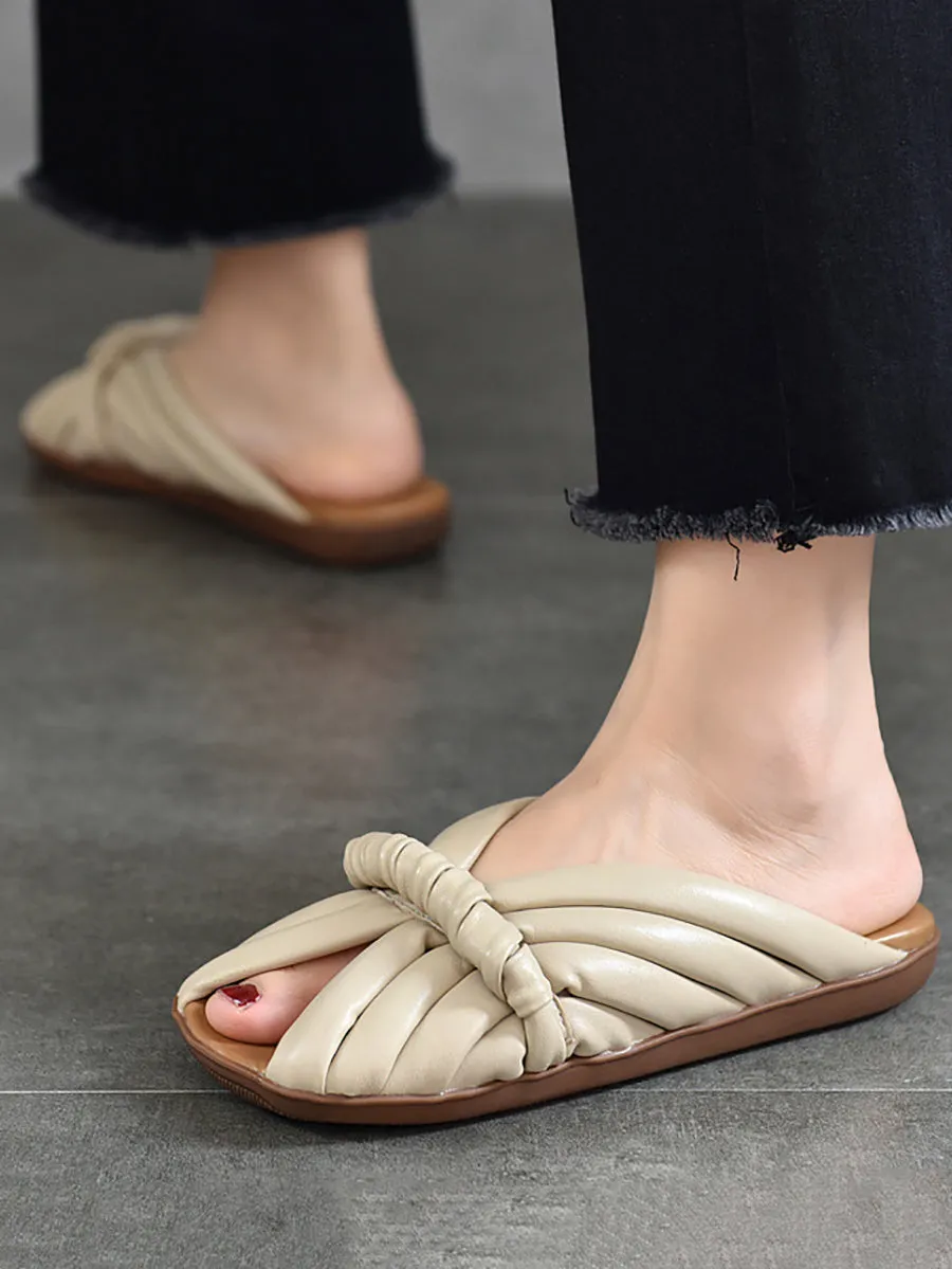 Women Summer Solid Leahter Weave Flat Slippers UI1022