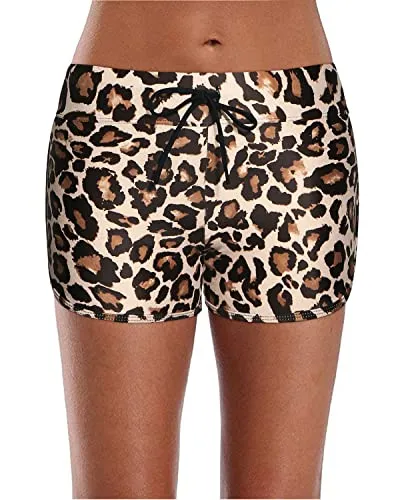 Womens Swim Shorts Drawstring Swimsuit Board Shorts-Leopard