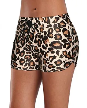 Womens Swim Shorts Drawstring Swimsuit Board Shorts-Leopard