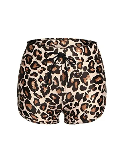 Womens Swim Shorts Drawstring Swimsuit Board Shorts-Leopard